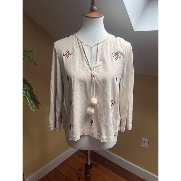 Madewell Women Shirt Small Silk Red Embroidered Aztec Print Tassel Poms Top - Picture 8 of 16